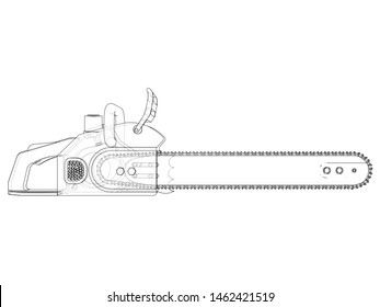 Chain saw. Vector rendering of 3d. Wire-frame style. The layers of visible and invisible lines are separated