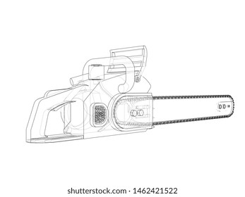 Chain saw. Vector rendering of 3d. Wire-frame style. The layers of visible and invisible lines are separated