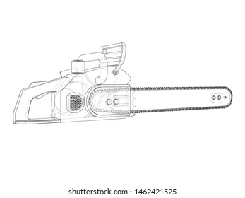 Chain saw. Vector rendering of 3d. Wire-frame style. The layers of visible and invisible lines are separated