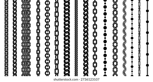 Chain seamless brushes. Twisted braided silhouette links, jewelry borders, fashion apparel patterns. Repeat necklace stripes, bracelet stencil dividers. Vector isolated set.