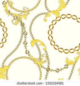 Chain seamless pattern with baroque leaves. Vintage trend. Vector illustration