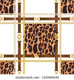 Chain seamless pattern with belt andleopard skin elements. Animal print. Baroque trend. Vector illustration