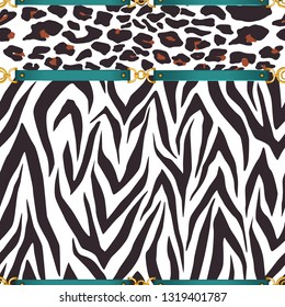 Chain seamless pattern with belt, zebra and leopard skin elements. Animal print. Baroque trend. Vector illustration