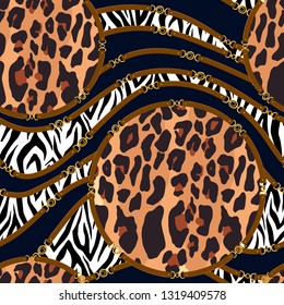 Chain seamless pattern with belt, zebra and leopard skin elements. Animal print. Baroque trend. Vector illustration