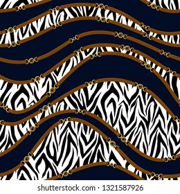 Chain seamless pattern with belt and zebra skin elements. Animal print. Baroque trend. Vector illustration