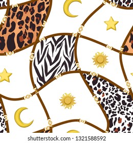 Chain seamless pattern with belt, zebra and leopard  skin elements. Animal print. Baroque trend. Vector illustration