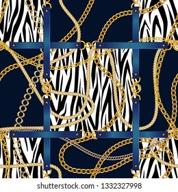 Chain seamless pattern with belt and zebra skin elements. Animal print. Baroque trend. Vector illustration