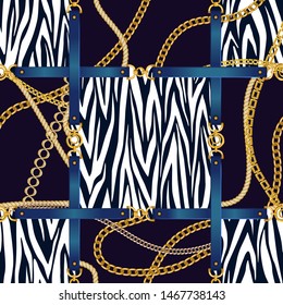 Chain seamless pattern with belt and zebra skin elements. Animal print. Baroque trend. Vector illustration