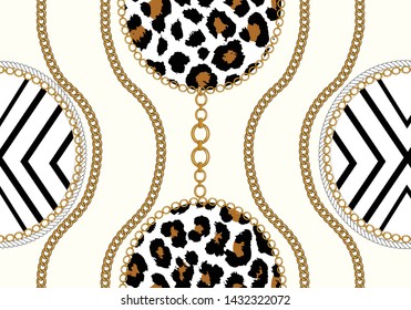 Chain seamless pattern with leopard skin elements. Animal print. Baroque trend. Vector illustration