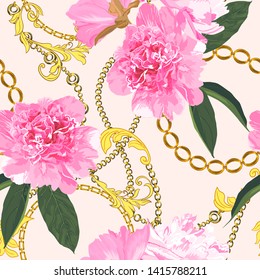 Chain seamless pattern with peonies. Vintage trend. Vector illustration