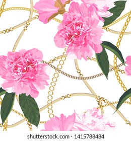 Chain seamless pattern with peonies. Vintage trend. Vector illustration