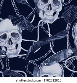 Chain seamless pattern with skull, chains tropical leaves. Baroque trend.  Vector illustration
