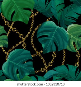 Chain seamless pattern with tropical leaves. Baroque trend. Gold stripes. Vector illustration