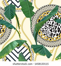 Chain seamless pattern with tropical leaves. Baroque trend. Gold stripes. Vector illustration