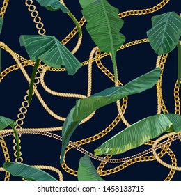 Chain seamless pattern with tropical leaves. Baroque trend. Gold stripes. Vector illustration