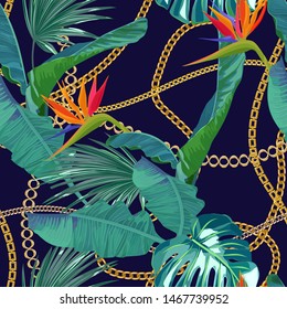 Chain seamless pattern with tropical leaves. Baroque trend. Gold stripes. Vector illustration