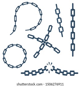 Chain set: crosswise, circular, torn, straight. Vector illustration flat design. Isolated on white background. Vector illustration flat design. Isolated on background. Symbol connection and  broken.