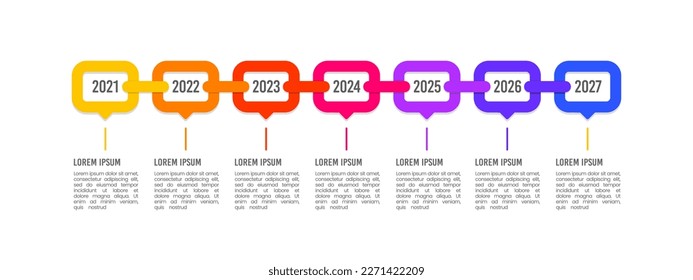 Infografía de la línea de tiempo horizontal de forma de cadena. Cronología, hito. Ilustración vectorial.