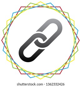 Chain sign. Vector. Black icon with patch of light inside colorful hexagonal frames at white background.