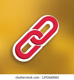 Chain sign. Vector. Magenta icon with darker shadow, white sticker and black popart shadow on golden background.