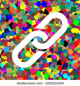 Chain sign. Vector. White icon on colorful background with seamless pattern from squares.