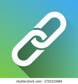 Chain sign. White Icon with gray dropped limitless shadow on green to blue background. Illustration.