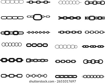 Silhouette de chaîne. Types de chaînes de tissage. Silhouette de chaîne pour le design décoratif. Ensemble de brosses à motif de chaîne pour illustration vectorielle de cordes tressées. icône, entreprise, technologie, papier, étiquette, template, cer