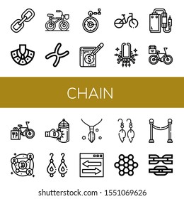 chain simple icons set. Contains such icons as Link, Necklace, Bicycle, Chromosome, Pocket watch, Ledger, Pedal, Blockchain, Punching bag, can be used for web, mobile and logo