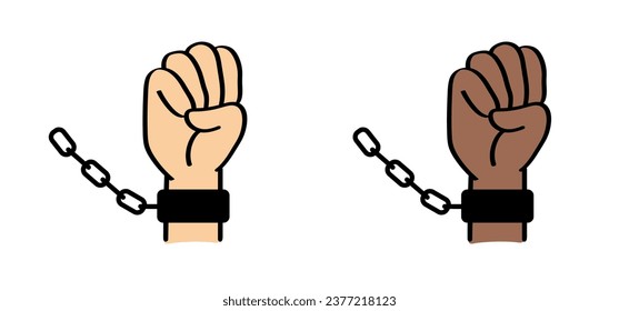 Chain of slavery, hand in handcuffs. Broken, chained, handcuffed hands. Slave iron, prisoner, problems, convict, freedom, debt, addiction liberty, liberation, slavery or bad habits concept. Shackle. 