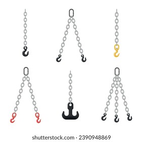 Chain slings heavy lifting engineering equipment with hook and carabiner set realistic vector illustration. Industrial machinery safety crane construct double triple tool iron steel strong wire rope