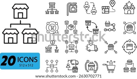 Chain Store and Business Network Icon Set: 20 Outline Vector Illustrations for Franchises and Retail Expansion