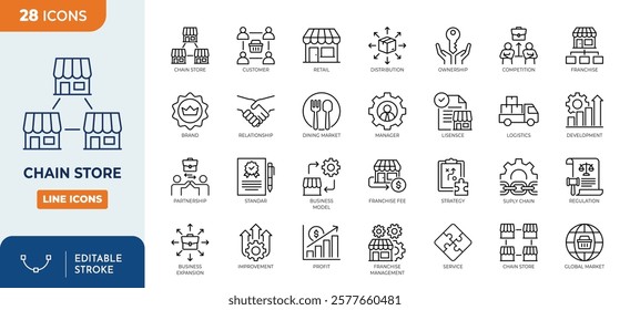 Chain Store line editable icon set. Containing Consumers, Brand, Regulation, Dining Markets, Competition, Franchise, Strategy, Distribution. vector illustration
