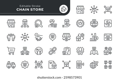 Chain store line icon set. Franchise, brand, consumer, trade mark, market, retail, public catering market, distribution and more. Outline vector icon in linear style. Pictogram collection	
