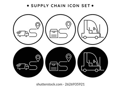 Chain supply icon set transport shipment, logistics, delivery truck route, warehouse, package, forklift, cargo freight, distribution vector illustration.