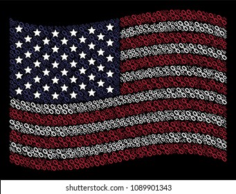 Chain symbols are grouped into waving United States flag abstraction on a dark background. Vector composition of USA state flag is constructed of chain elements.