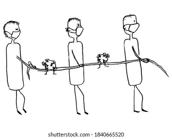 Chain of transmission of coronavirus. Symbolic image of the fight against the pandemic. Vector image in children style