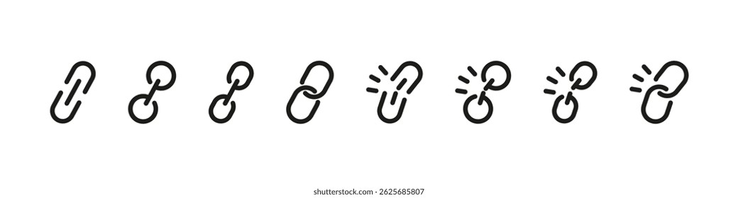 Iconos vectoriales de cadena en forma completa y rota con estilo de contorno simple. Iconos simbólicos de Enlace para conexión y ruptura.