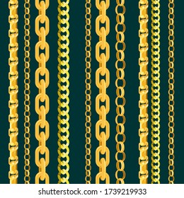 Chain vector seamless pattern gold chainlet in line or metallic link of jewelry illustration set of chaining string and necklace isolated on white background. Gold chain seamless pattern.