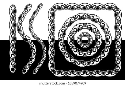 Chain vintage monochrome pattern brush concept with linear wavy square and circles shapes isolated vector illustration