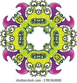 Chain of weird dragons with sharp fangs and bat wings forming a circular pattern. They are all merging to give birth to a single complex form composed by eight monstrous individuals