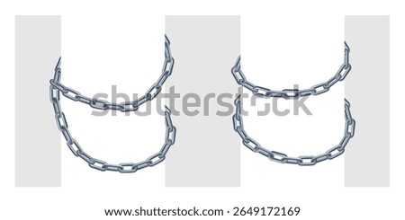 Chain wrapped around bondage, 3d silver jewelry bracelet necklace. Strong gray rings connected hanging on pillar. Locked round border for blocked content. Secret item, high risk closed concept.