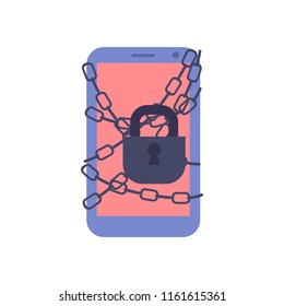Chain-bound and locked smartphone with blocked access to information and resources isolated on white background. Banned mobile phone with red screen in flat vector illustration.