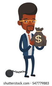 Chained african businessman holding bag full of taxes. Upset taxpayer holding bag with dollar sign. Concept of tax time and taxpayer. Vector flat design illustration isolated on white background.