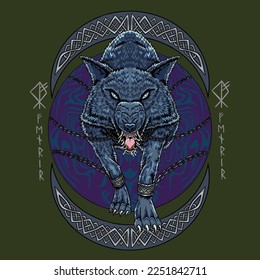 Chained Angry Wolf Viking Mythology Vector Illustration