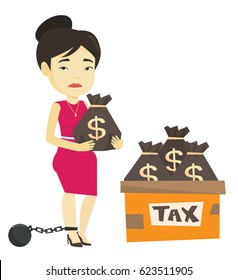 Chained to a ball asian taxpayer standing near bags with taxes. Taxpayer holding bag with dollar sign. Concept of tax time and taxpayer. Vector flat design illustration isolated on white background.