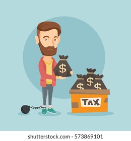 Chained to a ball hipster taxpayer with beard standing near bags with taxes. Upset taxpayer holding bag with dollar sign. Tax time and taxpayer concept. Vector flat design illustration. Square layout.