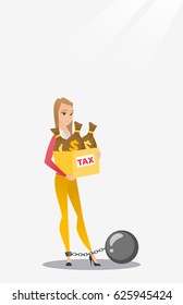 Chained to a ball taxpayer standing near bags with taxes. Upset business woman taxpayer holding bag with dollar sign. Concept of tax time and taxpayer. Vector flat design illustration. Vertical layout