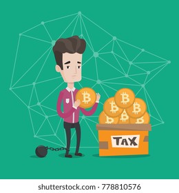 Chained to a ball upset taxpayer standing near the box full of golden bitcoin coins for the payment of taxes. Concept of taxes on income from bitcoins. Vector cartoon illustration. Square layout.