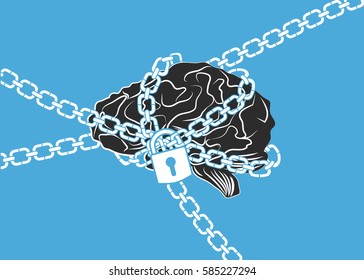 Chained brain and  padlock on blue background. Brain with chain around like locked brain, represents a closed mind or brain injury. 