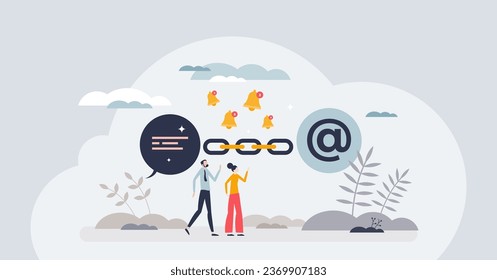 Chained communications with linked user notifications tiny person concept. Continuous flow with digital message and connection between chain parts vector illustration. Send information using email.